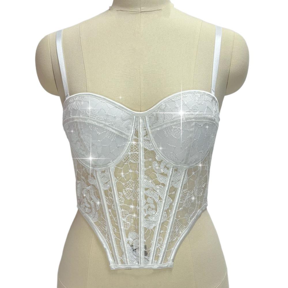 

Transparent Lace Sequin Corset Slim fit Suspender Vest Elastic Lace Sequin Camisole Travel 40/90AB белый