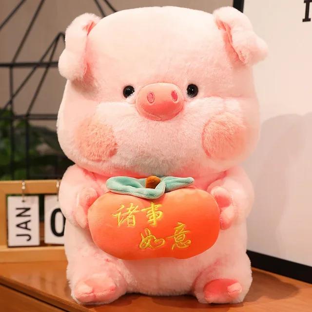 Lucky Stuffed Pink Pig Doll Plush Toy Holding Persimmon Peanut Standing Soft Piggy Cartoon Animal Decor Holiday Gift