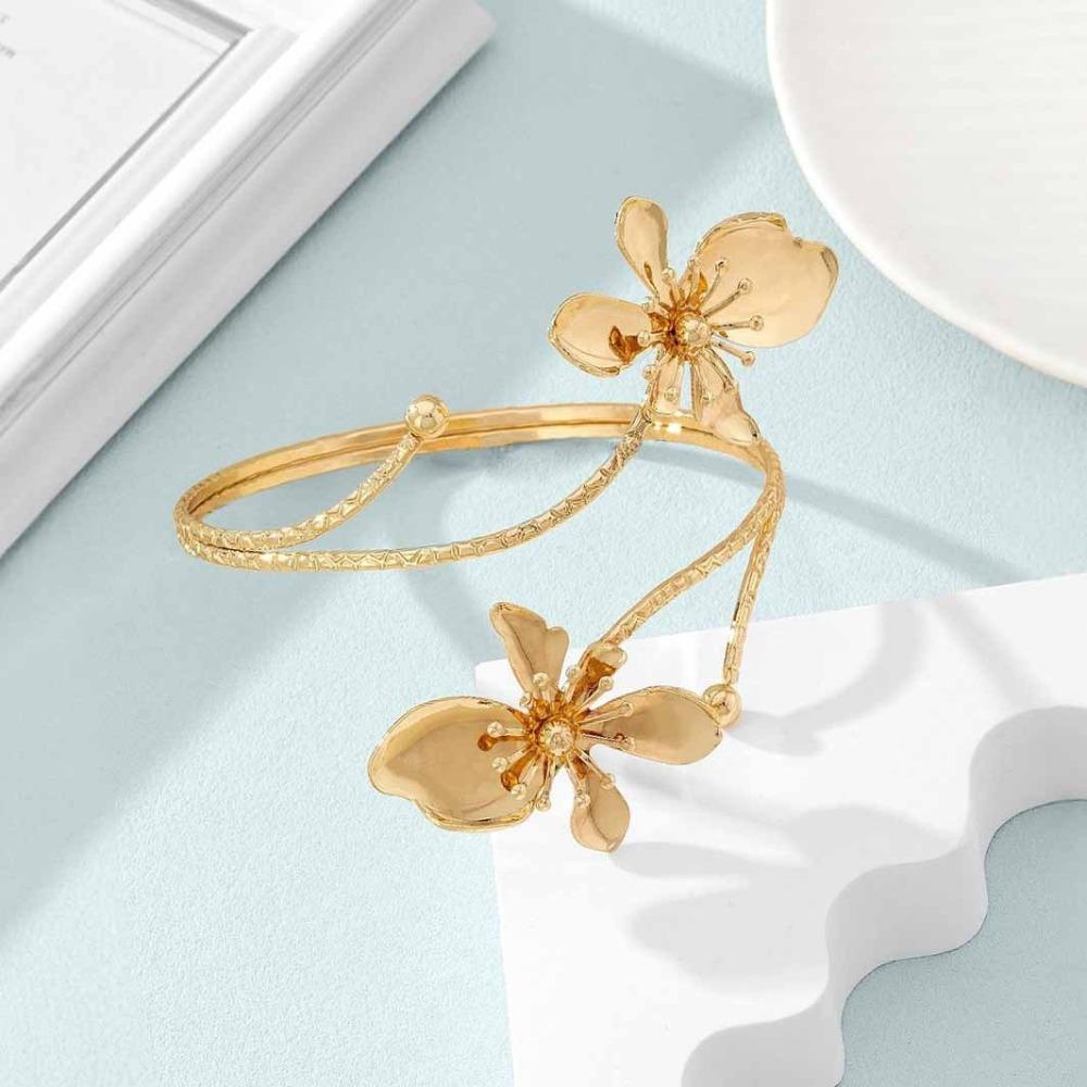 New Gold Color Floral Open Cuff Armlet Metal Enamel Glaze Craft Open Arm Ring Flower Cuff Bracelet Gifts