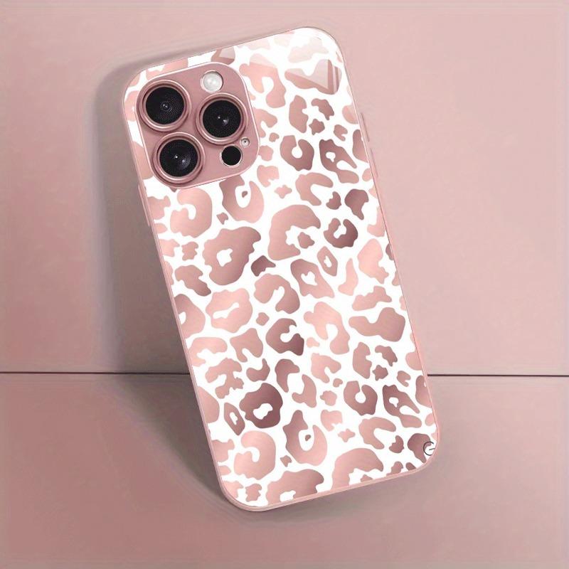 Pink Leopard Print Pattern Metallic Paint Glass Hard Phone Case For iPhone 11 12 13 14 15 16 17 Pro Max 15 Plus 16E 17Air Cover