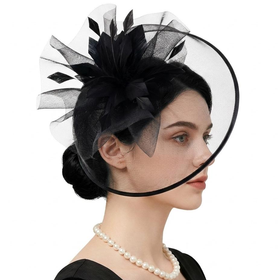 New party ball headband headband double mesh exaggerated feather head flower top hat bridal photo headgear hair accessories
