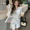 2 Pcs/Set Women Summer Sweatshirt Pants Set Short Sleeve Zippered Turn-down Collar Top Drawstring Elastic Waist Loose Sweatpants Tracksuit Pansuit