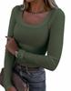 Women's U Neck Long Sleeve Tee Slim Fit Casual Ribbed Knit Solid Color Spring Basic Top