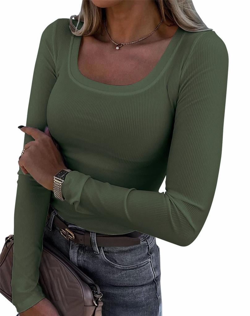Women's U Neck Long Sleeve Tee Slim Fit Casual Ribbed Knit Solid Color Spring Basic Top
