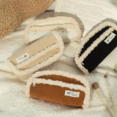 Creative Pencil Case Winter Fashion Simplicity Solid Color Wool Corduroy Pencil Bag High Capacity Stationery Storage Bag Student