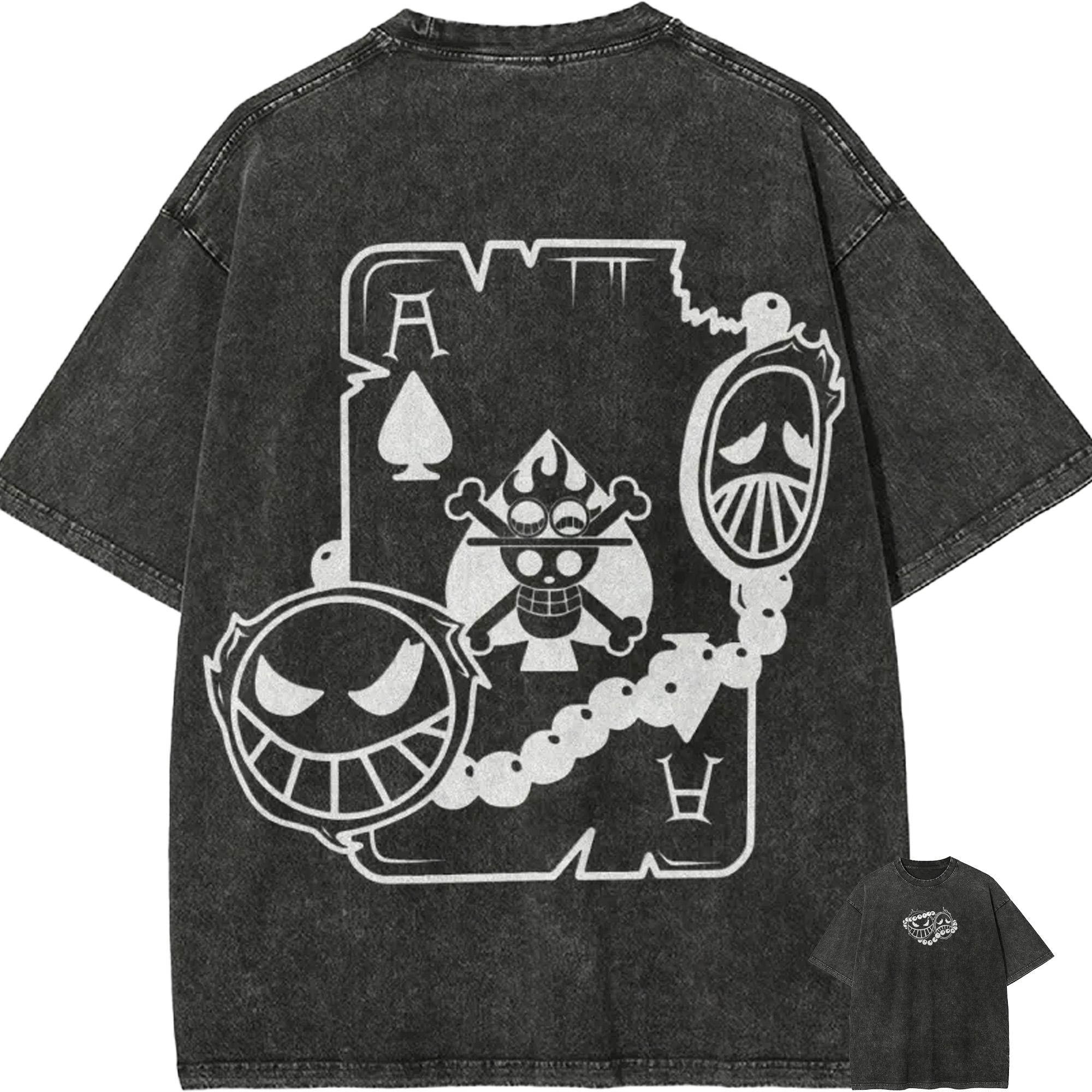 Ace T Shirt Men Acid Wash One Piece Anime Poker Ace of Spades Graphic Cotton Vintage Streetwear Fire Fist Smile Badge Tee Top M