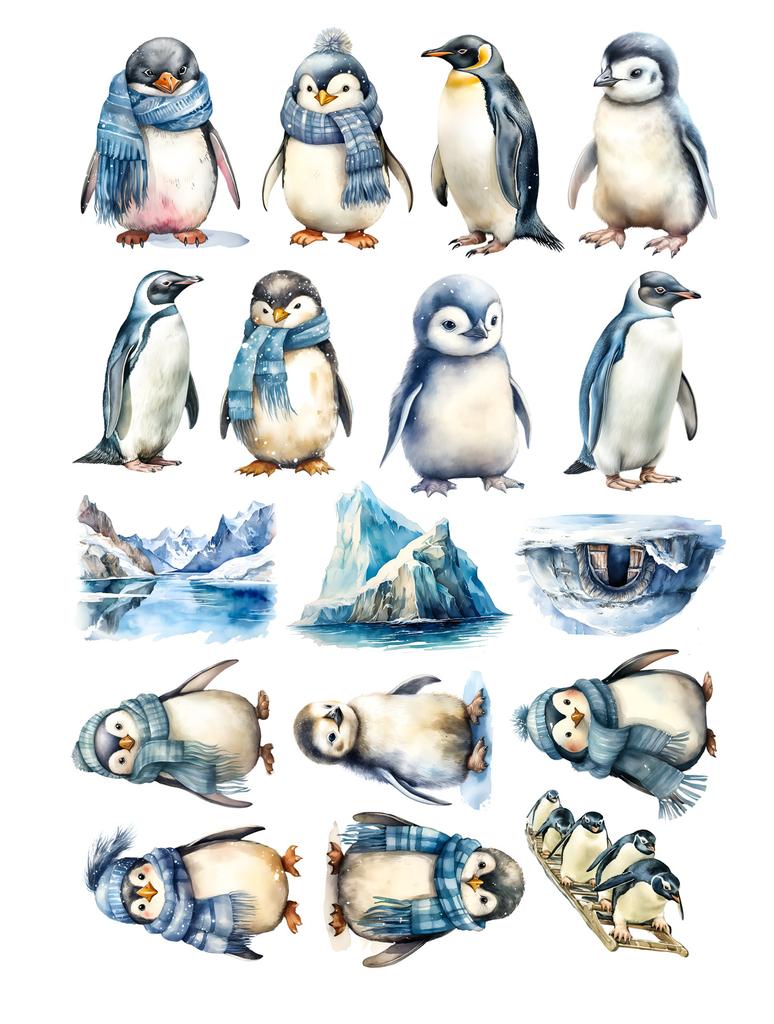 17pcs Cute Watercolor Antarctic Penguin Stickers,Handbook Scrapbooking Literature And Art, Decoration Mobile Phone journaling