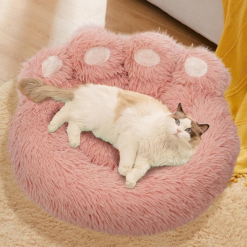 Calming Dog Bed Cat Bed Medium Size Dog - Donut Washable Medium Pet Bed, Warm Kitten Nest 24 inches Anti-Slip Round Fluffy Plush Faux Fur Cat Bed, Luxury Pink