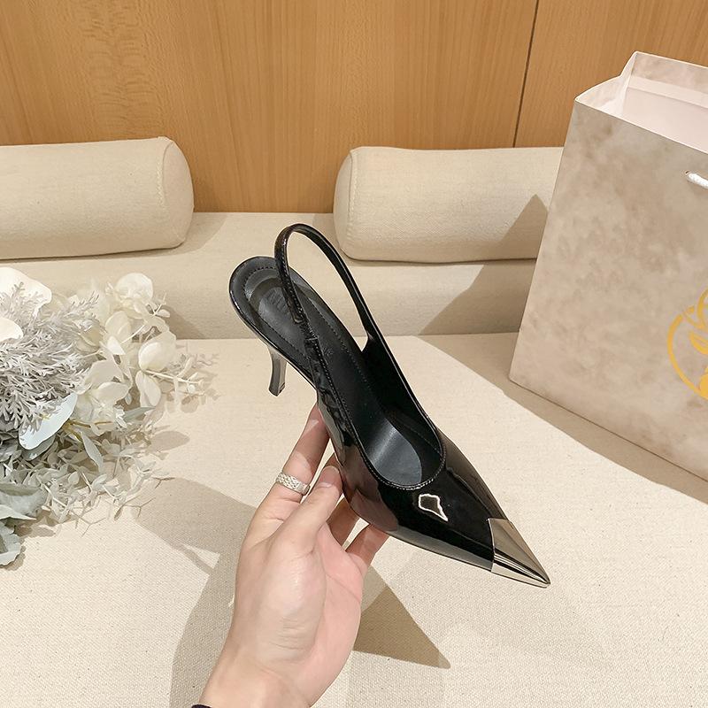 

Мода 2024 Весна Новые Металлические Черные Женские Босоножки С Небольшим Носком Шпилька Ремешок Женские Сексуальные Универсальные Туфли Высокого Качества На Высоком Каблуке 40