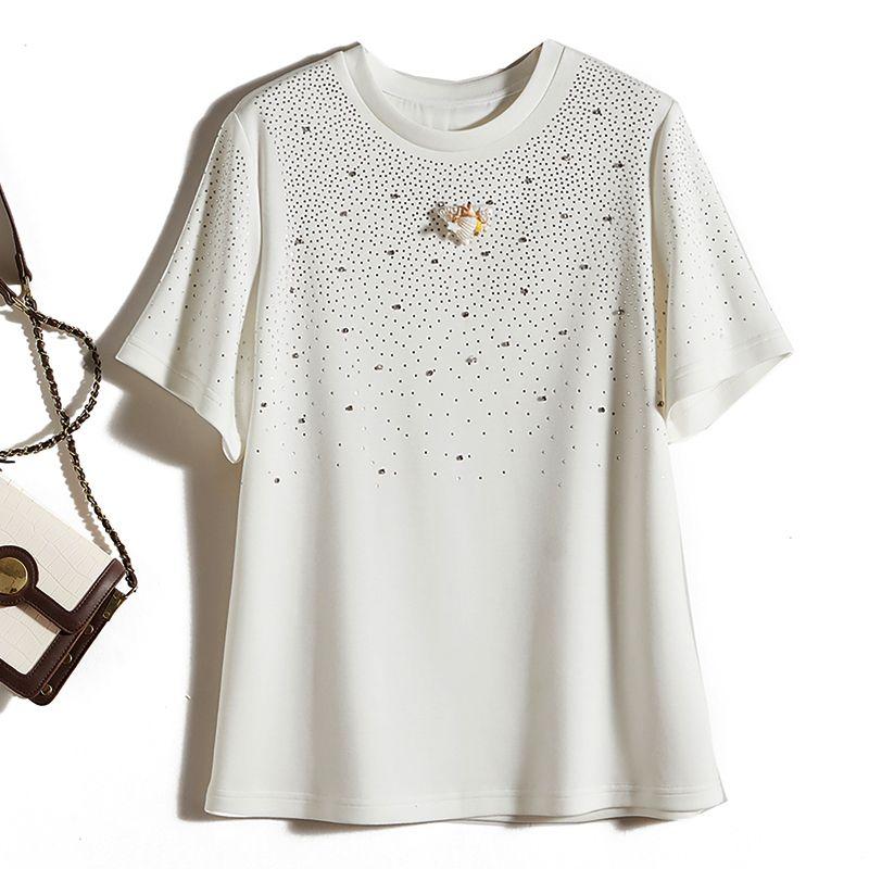 Area Water Soluble Drill! Easiest for Match Girls' Fashionable round Neck Short-Sleeved Stretch Cotton Flash Heart T-shirt All Year Round Wearable