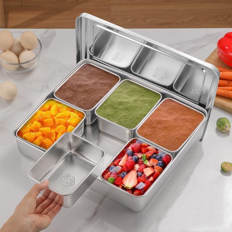 Stainless Steel Seasoning Box with Lid and Holder Tray 6/8 Compartments Rectangle Spice Container Kitchen Utensils