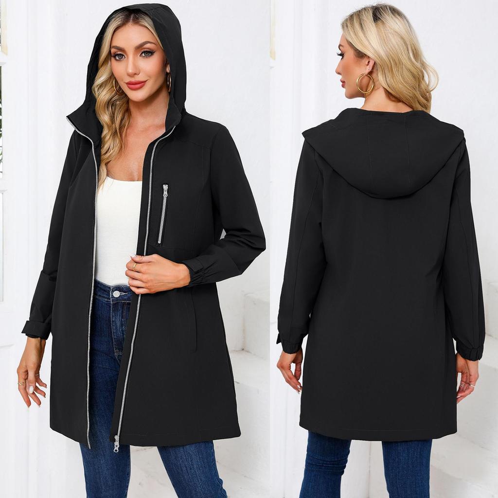 BRIGHT DEER Women’s Waterproof Trench Coat Hooded Windcheater Long Sleeves Zip Up Casual Wear for Autumn Winter Outdoor Sports