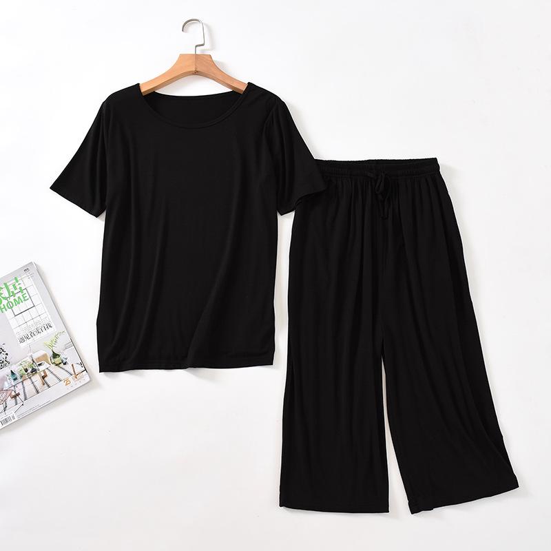 Damen Sommer Modal Pyjama Set - Kurzarm Oberteil & Caprihose, Tragbar im Freien, Übergröße