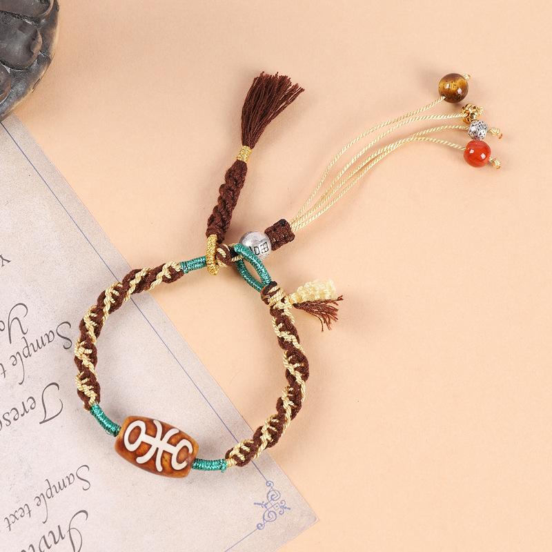 Original Design Retro Tibetan Nine-eye Dzi Bead Bracelet, Men's and Women's Hand Rubbing Rope, Woven Fringed Wenwan Hand Rope