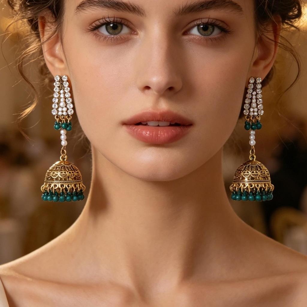 Bohemian Crystal Pearl Tassel Bell Stud Earrings - Indian Retro Style Fashion