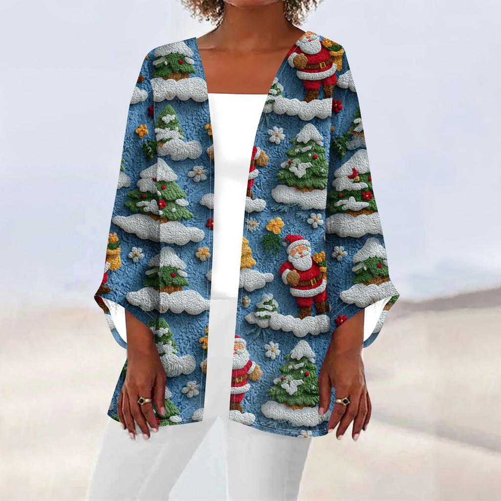 Women's Casual And Fashionable Christmas Printed Lightweight Mid Length Jacket Cardigan