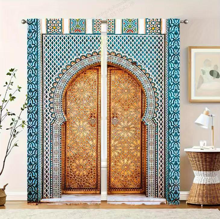 2pcs  Exotic Moroccan Pattern Curtains   Artistic Design Light - Filtering Polyester Curtains for Home Windows