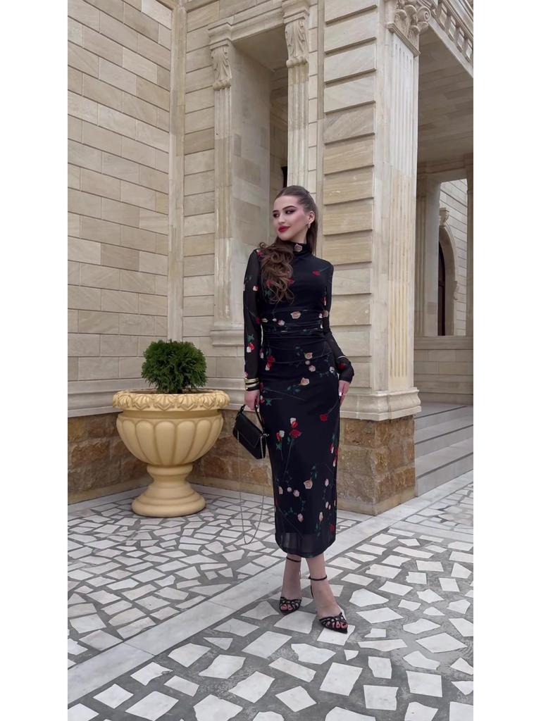 2025 Herbst Schwarzes Netz-Print Schlankmachendes Langarmkleid