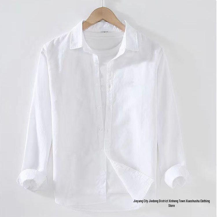 Men's Long Sleeve Casual Cotton and Linen Shirt - Thin Style, Loose Fit, White for Spring and Autumn