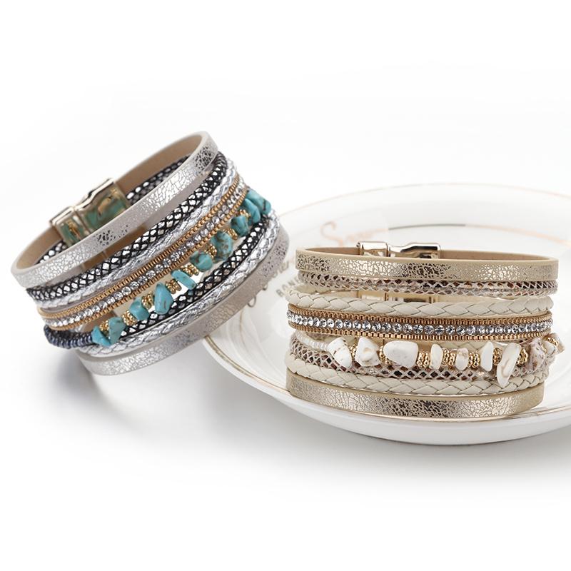 Natural Stone Leather Bracelet for Women Charm Retro Multilayer Crystal Snake Skin Wide Bracelets & Bangles Jewelry Gifts