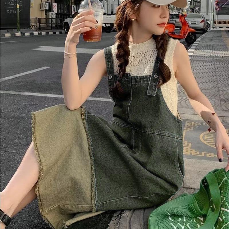 Y2k Koreanische 2000er Jahre Denim Träger Kleider für Frauen Plus Größe Casual Retro Lose Vintage Patchwork Kleid