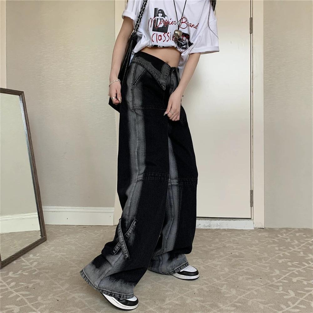 Women's High Waist Wide Leg Jeans Loose Fit Gradient Washed Panel Strap Non Stretch Black Denim Trousers