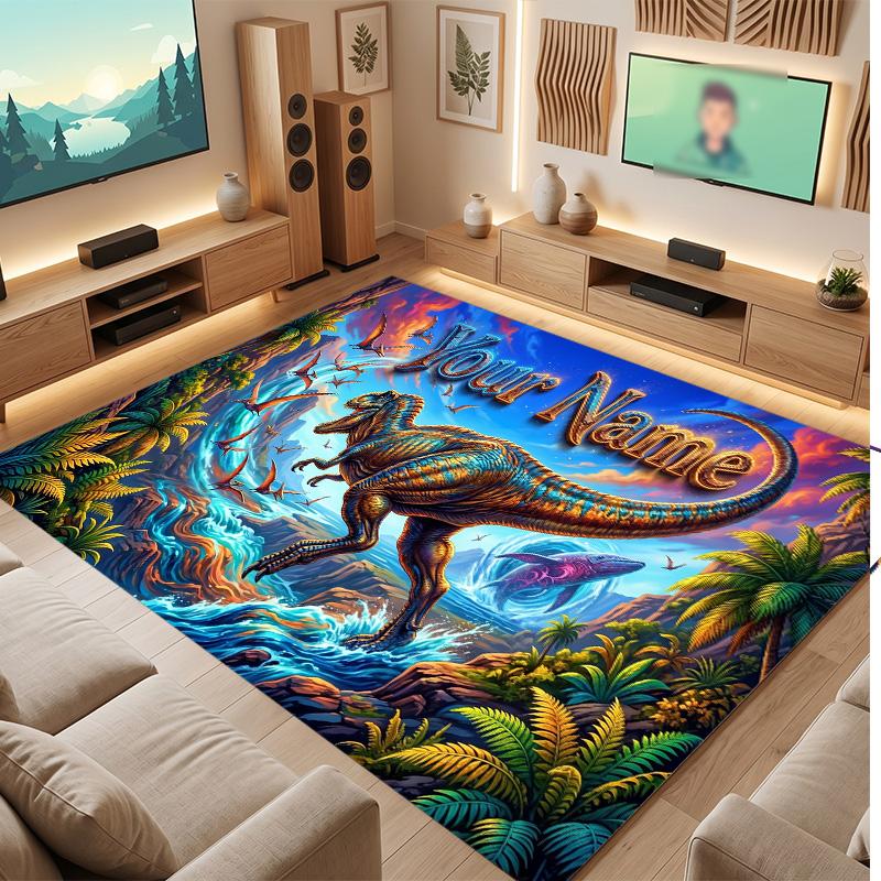 Dinosaur Theme Soft Crystal Velvet Rug Custom Name & Text Print Non Slip Floor Rug for Bedroom Living Room