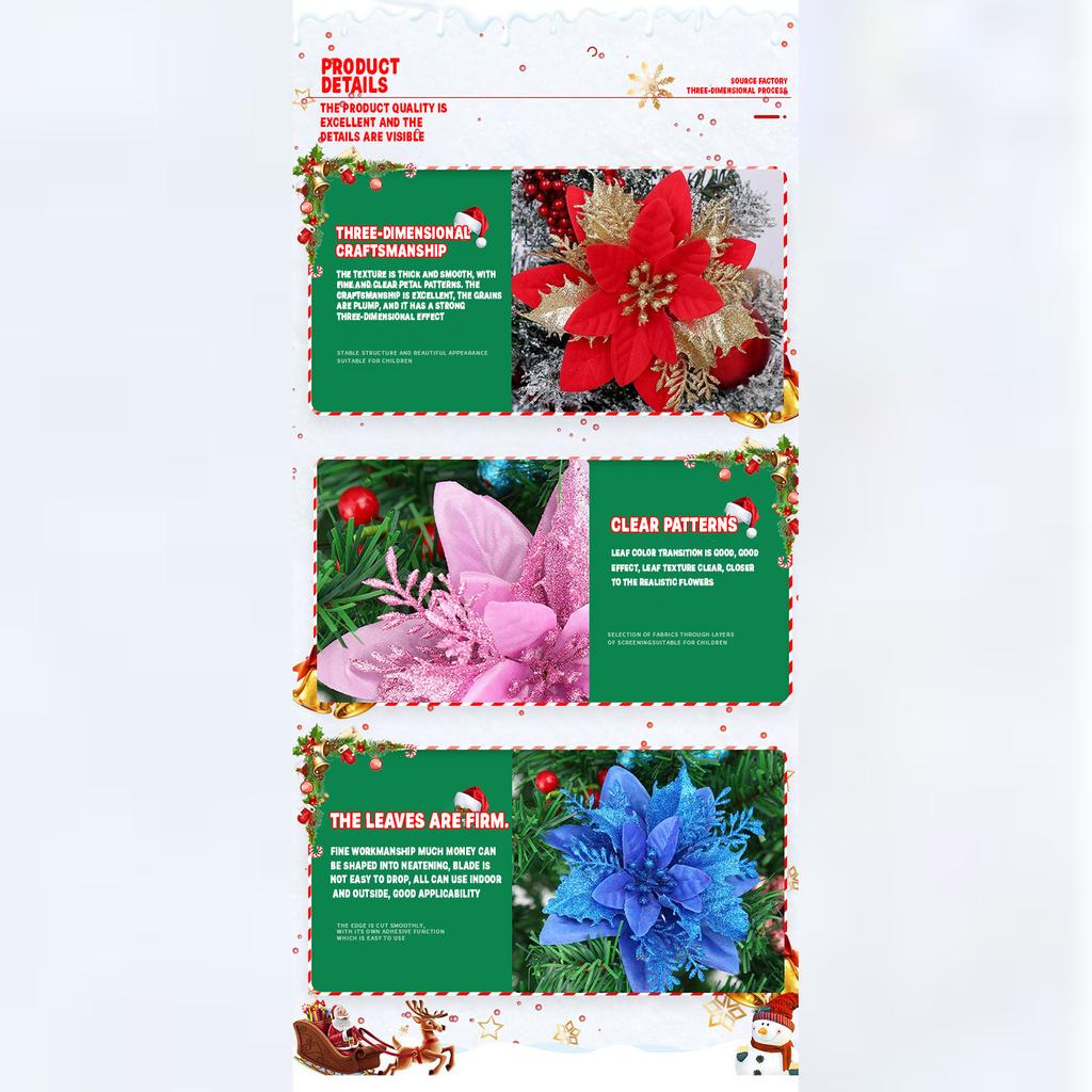 Glitter Poinsettia 5.5 Inch Artificial Flower Christmas Clip Stem Christmas Tree Ornaments For Wedding Party Wreath Decoration