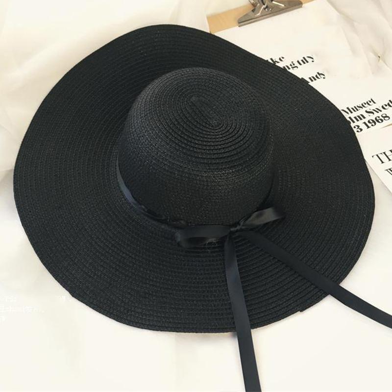 

Style Versatile Hat Straw Woven Sweet Bow 3color Large Brimmed Hats Fisherman чорний