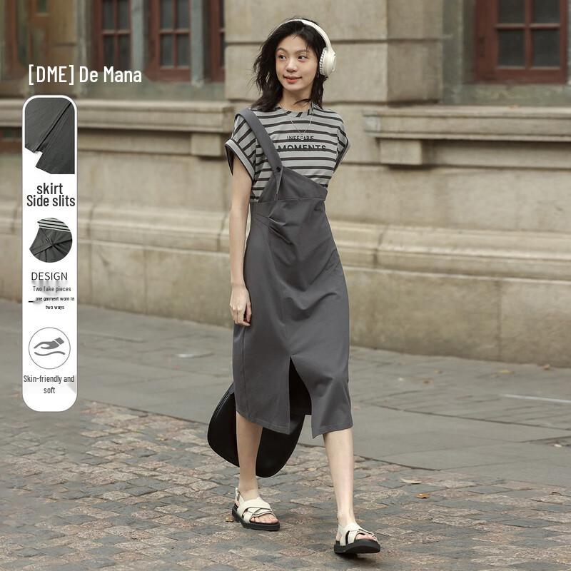 DEMANA Faux Two-Piece Striped Round Neck Slit Midi Dress L