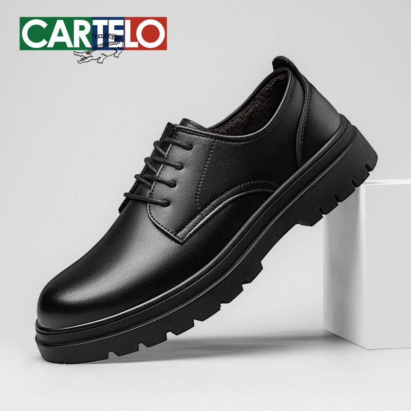 Men's Black Leather Derby Shoes - Winter 2025, Height Increasing, Thick Sole, Casual to Formal, with Plus Velvet for Warmth