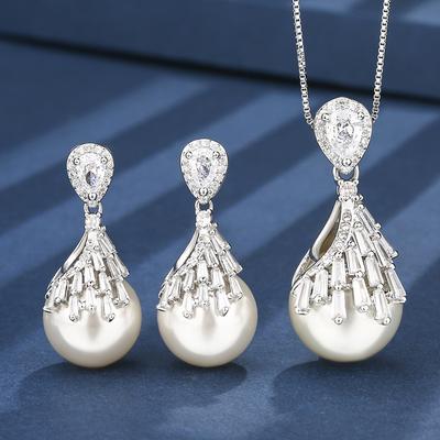 Schmuck Kupferboden Vergoldet Eingelegte Weiße Perle Premium Set Damen 16-14M