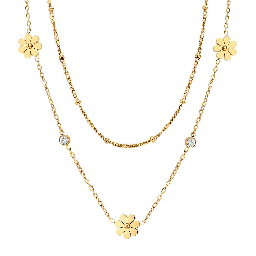 EFFIE QUEEN Stainless Steel CZ Flower Pendant Double-Layer Necklace Women's Unique Collarbone Chain Jewellery Creative STKN30