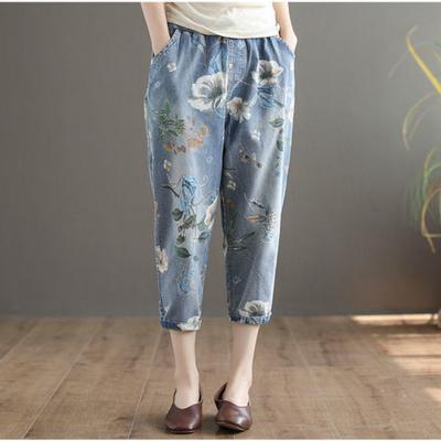 Retro Printed Light Blue Cropped Jeans Women's Large Size Elastic High Waist Loose Straight Pants
