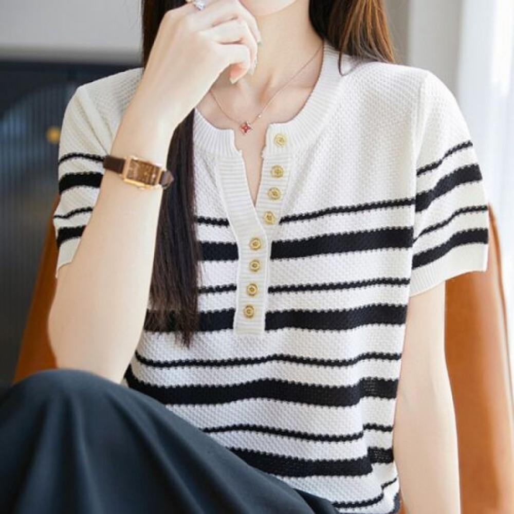 Navava Women STripe BuTTon PoinT ShorT Sleeve KniT T Nk2964