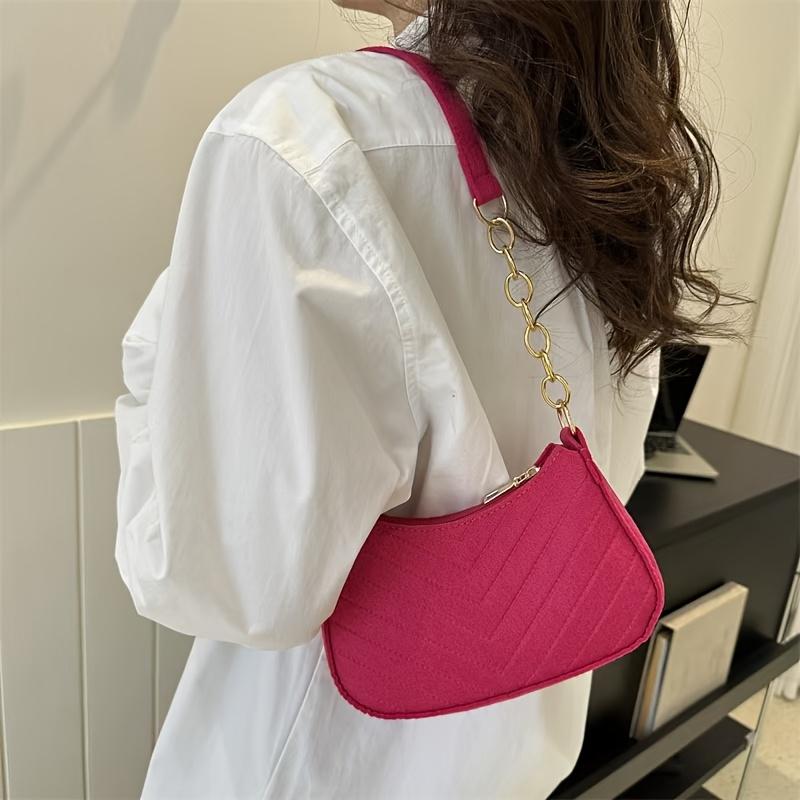 Women'S Chic Shoulder Bag with Pom-Pom Charm - Stylish Quilted Pink Handbag, Fixed Strap, Zip Closure, Polyester Lined