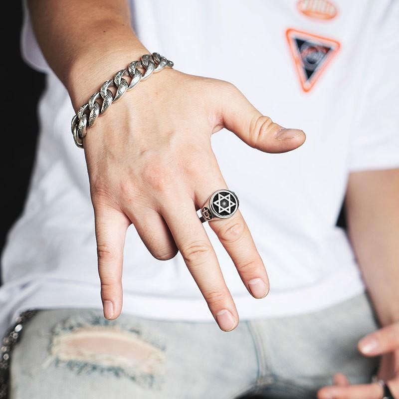 Adjustable Open Ring Men Women Vintage Star Hexagram Punk Hip Hop Fashion Plated