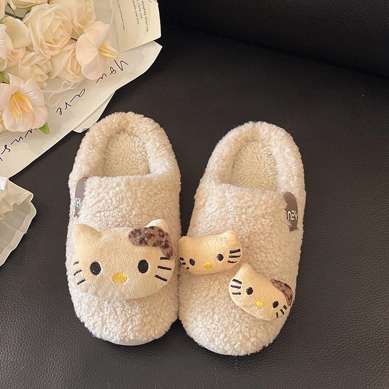 Cute kitten velvet warm fluffy drag women wear 2025 winter new casual good with thick-soled bag head slippers