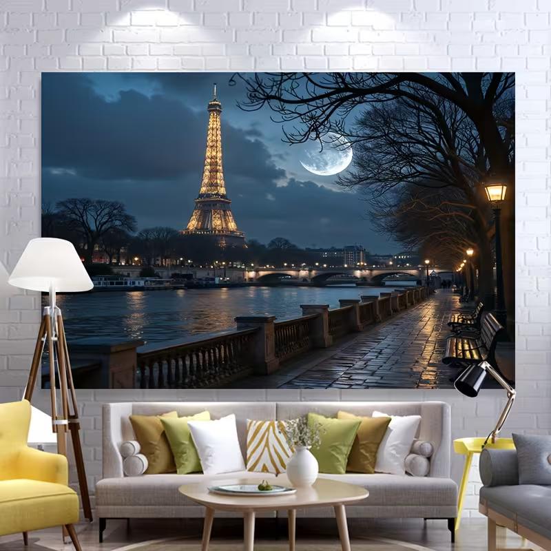 Paris Eiffel Tower Night Tapestry, Aesthetic Wall Hanging for Bedroom & Dorm