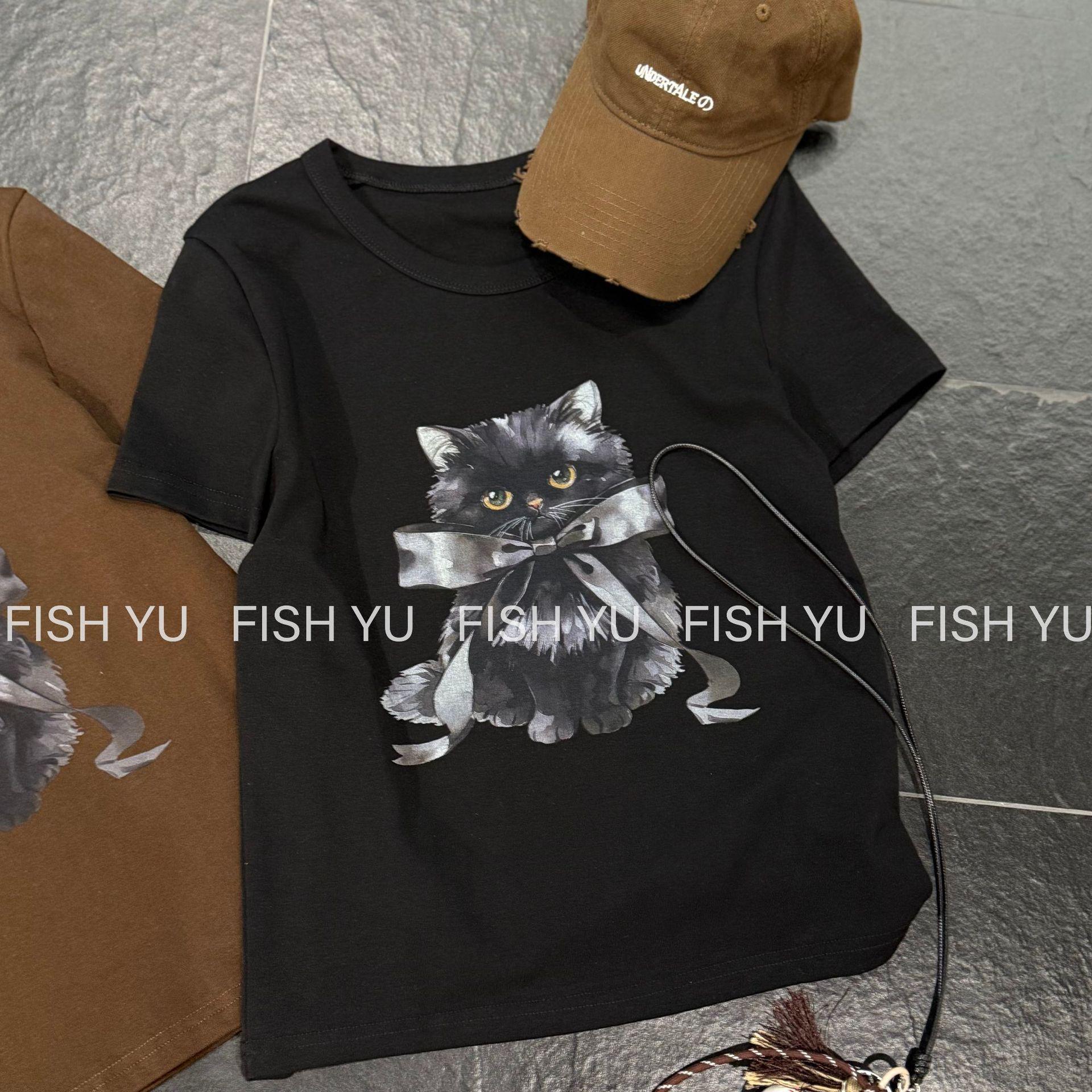 

FISHYU Early Autumn Kitten Print Stretch Shoulder T-shirt Small чёрный