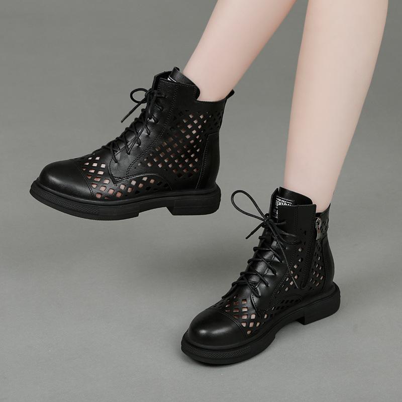 Low-heeled leather hollowed-out Martin boots women's cool boots mesh breathable hole shoes 2025 summer new sandals short boots