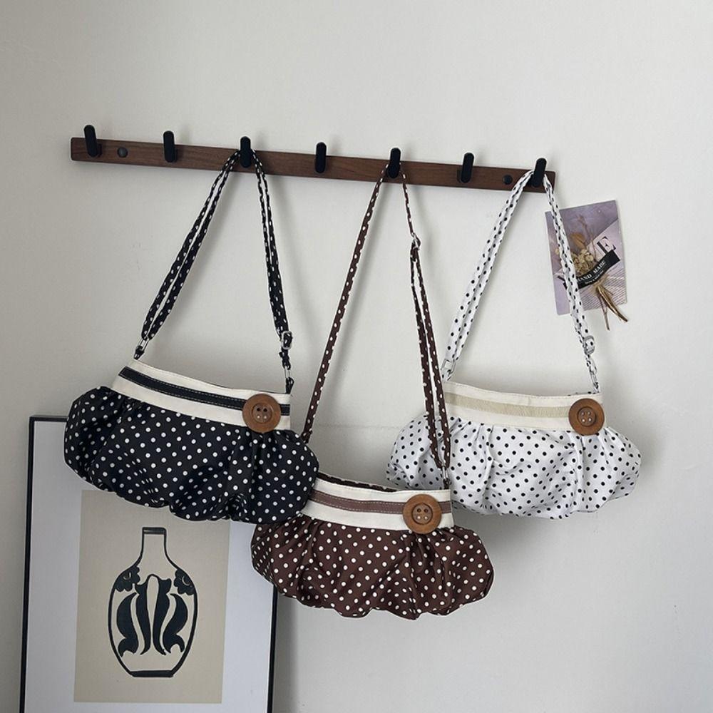 Korean Style Polka Dot Shoulder Bag Cute Pleated Underarm Bag Nylon Crossbody Bag Travel Bag