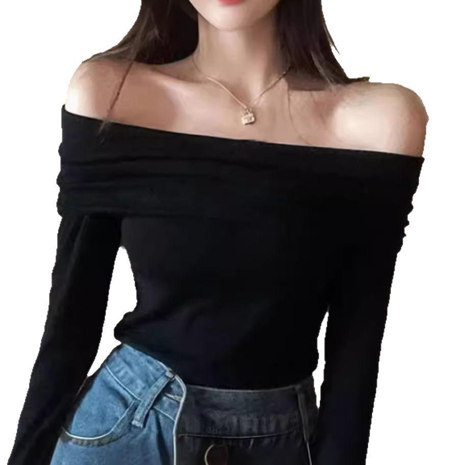 French temperament off-shoulder knitted bottoming shirt women's spring and autumn gentle pure desire slim-fitting one-word shoulder long-sleeved top