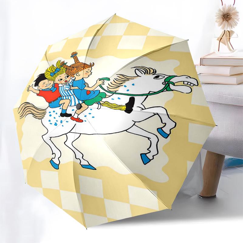 Ombrello da Viaggio a Tema Pippi Calzelunghe - 8 Stecche, Apertura e Chiusura Automatiche, Design Pieghevole Portatile, Ombrello Compatto ed Elegante Adatto