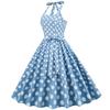 Vintage blue polka-dot lace-up halter-neck flared ball gown – elegant performance dress for the annual party