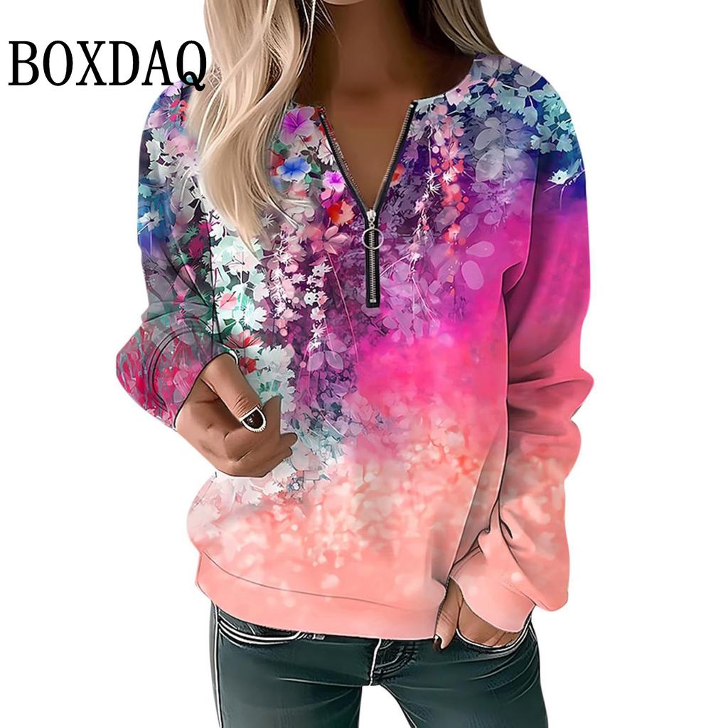 Tie Dye Farbverlauf Blumen 3D Gedruckte Hoodies Für Damen Herbst Winter Sweatshirts Langarm V-Ausschnitt Reißverschluss Lässige Sport Oberteile