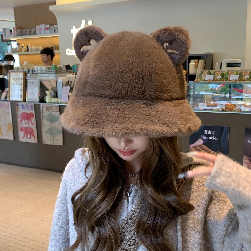 Cute Plush Ears Bucket Hat Women Winter Warm Faux Fur Basin Hat Fashion Casual Outdoor Fisherman Cap