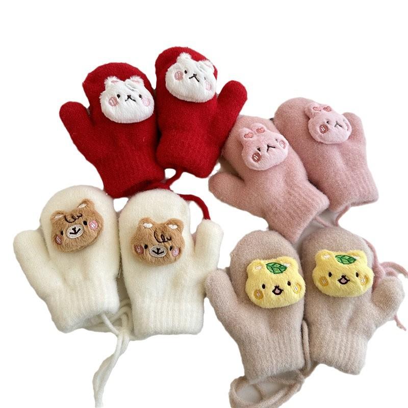 Neue Herbst- und Winter-Fingerhandschuhe für Kinder, Koreanische Version, Cartoon-Babyhandschuhe, Verdickt und Samt, Warm, Mit Nackenband, Fäustlinge