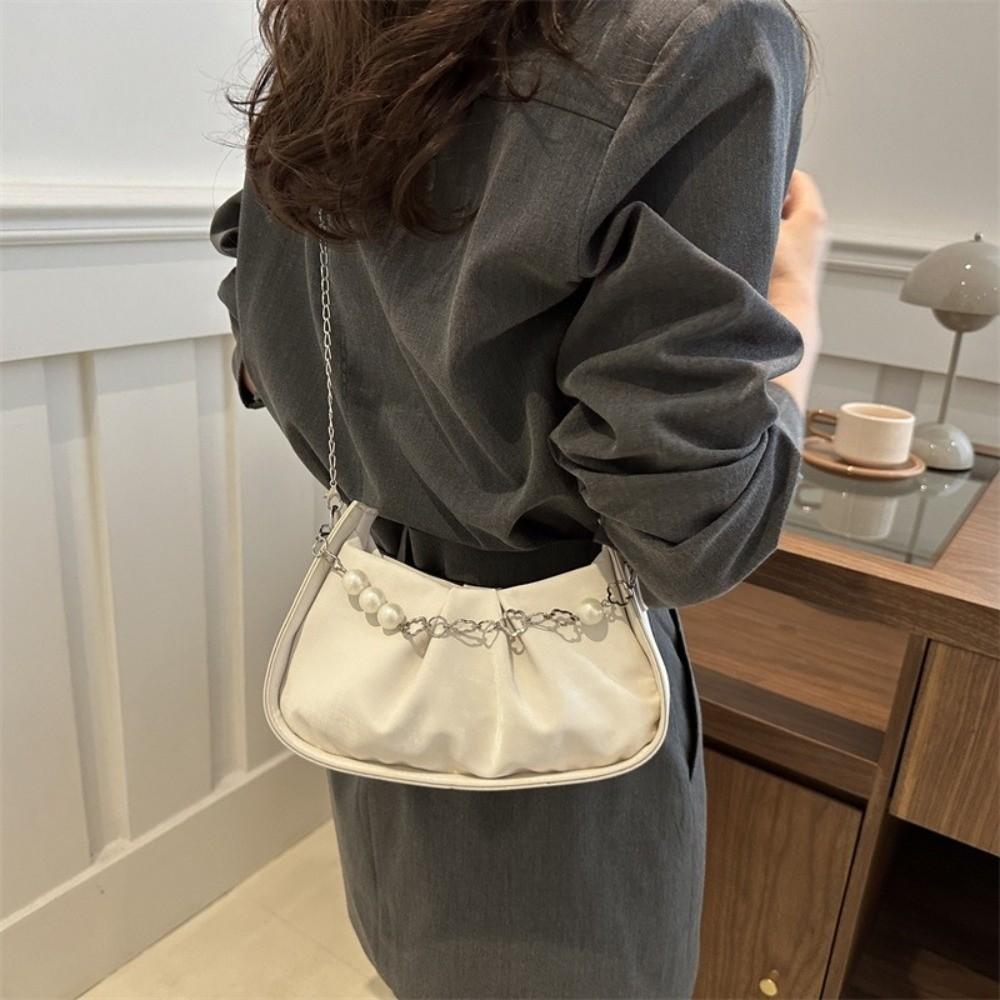 Korean Style Cloud Shoulder Bag PU Leather Pleated Handbag Casual Pearl Chain Crossbody Bag Travel