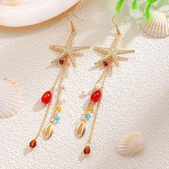 Bohemian Sea Star Shell Jewelry Set Beach-Inspired Necklace Earrings with Rhinestone Tassels Elegant Gift for Women Summer Beach Jewelry